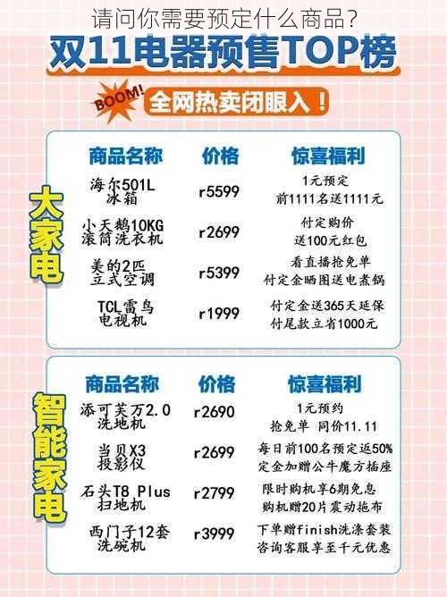 请问你需要预定什么商品？